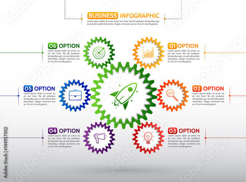 Infographic design template with gear chain. Colorful gear symbol with number, icons and Information text.