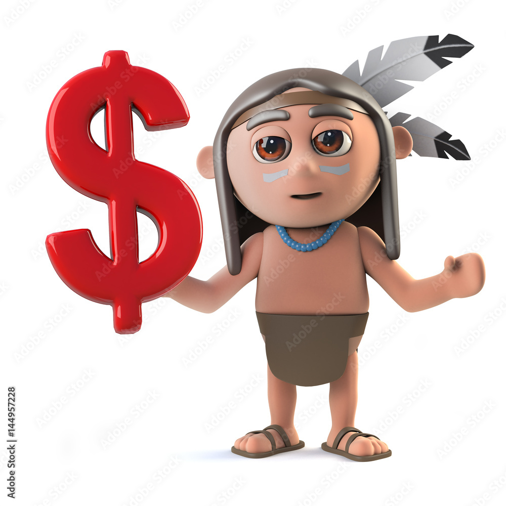 3d Funny cartoon Native American Indian warrior has US Dollar currency  symbol Stock Illustration | Adobe Stock