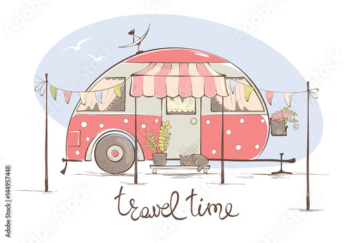 Summer travel in a house on wheels / Funny pink retro trailer, vector illustration