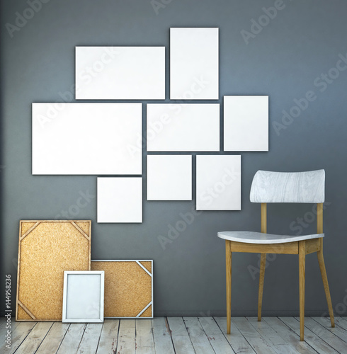 mock up posters in art interior background. picture wall composition concept on a grey wall. 3d rendering