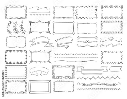 Doodle frame borders, hand drawn ribbon banners and sketch design decoration elements vector set
