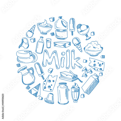Sketch milk products, farm breakfast vector concept with doodle dairy icons