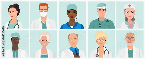 Doctors and nurses avatars set. Medical staff icons. Vector illustration.