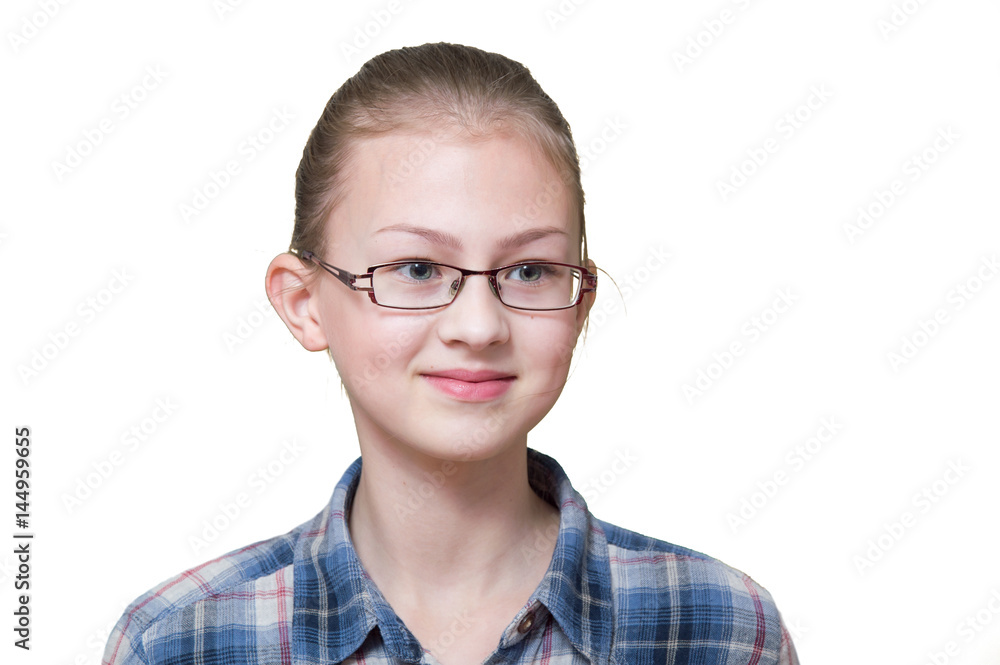 Girl teenager on white background with emotional face