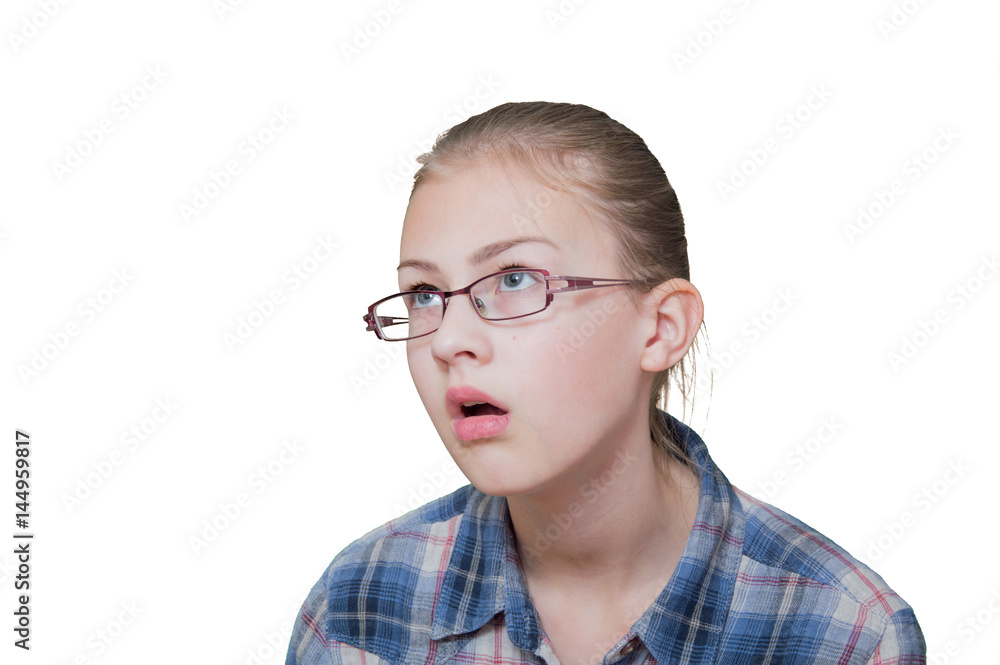 Girl teenager on white background with a displeased face