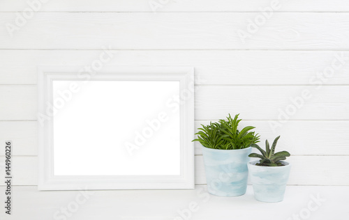 Holz Hintergrund in weiß grau hellblau türkis mit Pflanzen als Foto oder Bilderrahmen. © Jeanette Dietl