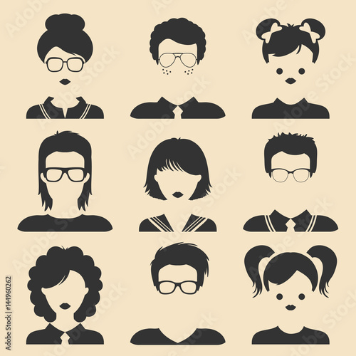 Vector set of different male and female children icons in trendy flat style.People faces.Collection of students avatars.