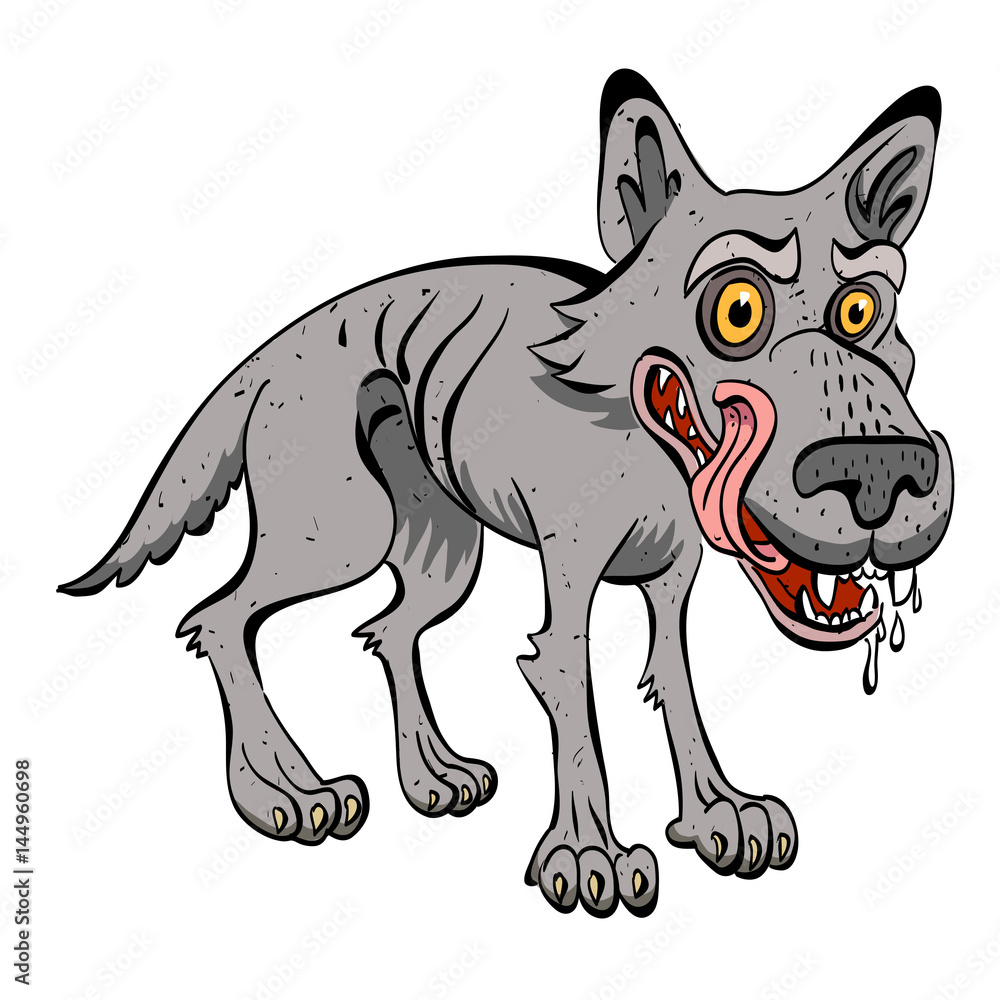 Obraz premium Cartoon image of hungry wolf. An artistic freehand picture.