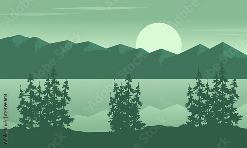 Silhouette of lake with mountain landscape
