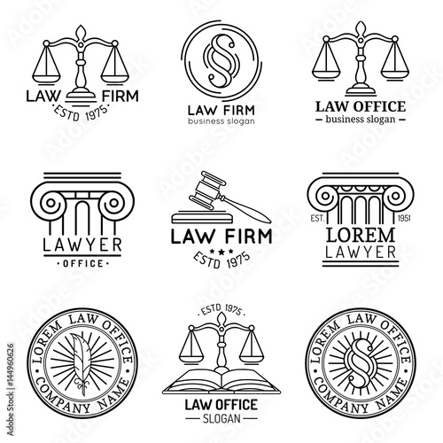 Law office logos set with scales of justice,gavel etc illustrations. Vector vintage attorney,advocate labels collection.