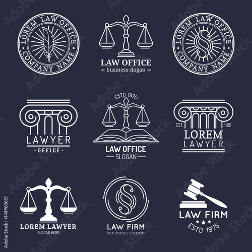 Law office logos set with scales of justice,gavel etc illustrations. Vector vintage attorney,advocate labels collection.