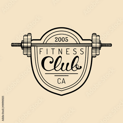 Vector fitness logo. Hand sketched athletic barbell illustration. Gym emblem, badge, sports complex sign, club icon.