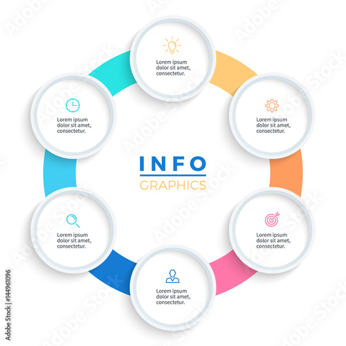 Vector pie chart. Presentation template with 6 steps, options, sections.