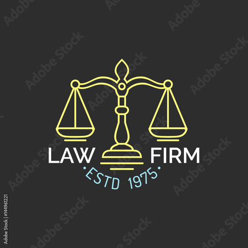 Law office logo with scales of justice illustration. Vector vintage attorney, advocate label, juridical firm badge.