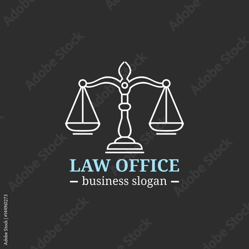 Law office logo with scales of justice illustration. Vector vintage attorney, advocate label, juridical firm badge.