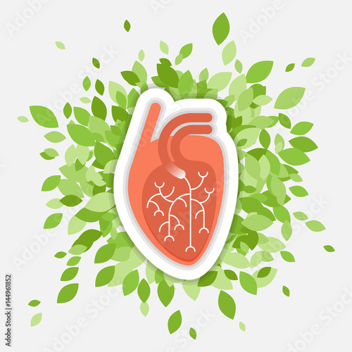 Flat illustration - human heart with green folliage, concept about health and healthy environment