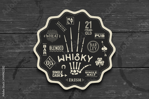 Coaster for whiskey and alcoholic beverages. Vintage drawing for bar, pub and whiskey themes. Black and white circle for placing whiskey glass over it with lettering, drawings. Vector Illustration
