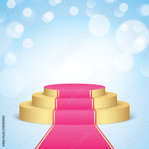 golden stage with pink carpet, isolated on a blue bokeh background.