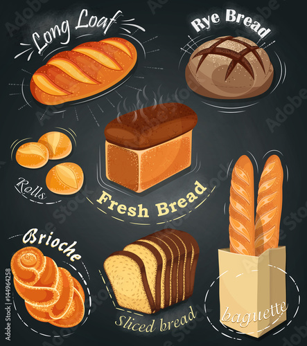 Advertising bakery on the chalkboard. Set of bakery products. Menu. Long loaf, rye bread, baguette, rolls, white bread, sliced bread, brioche. Vector illustration