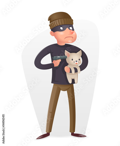Criminal Thief Gun Hostage Character Crime threat Buyout Request Icon Retro Cartoon Design Vector Illustration