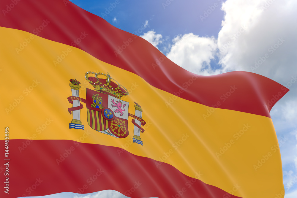 3D rendering of Spain flag waving on blue sky background