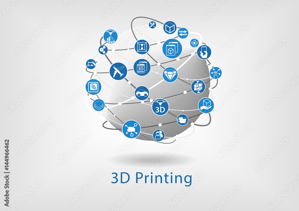3D Printing infographic. 3D print objects with globe. 3D Printing infographic. 3D print objects with globe.