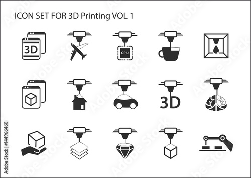 3D Printing concept icon set with various symbols