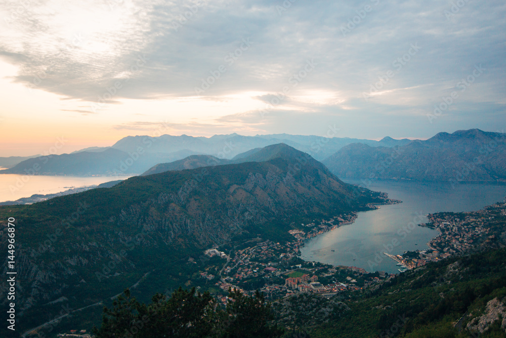 Bay of Kotor with bird's-eye view. The town of Kotor, Muo, Prcanj, Tivat. View of the mountains, sea, clouds