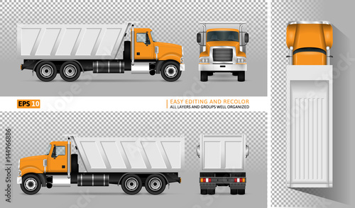 Vector dump truck. Tipper lorry on transparent background. All elements in the groups have names, the view sides are on separate layers for easy editing. View from side, back, front and top.
