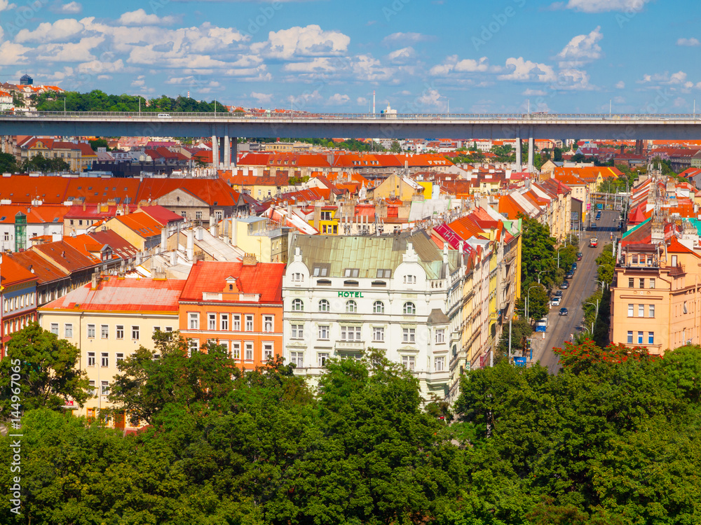 Prague cityscape on sunny summer day with Nusle Valley and Nusle Bridge, Czech Republic.