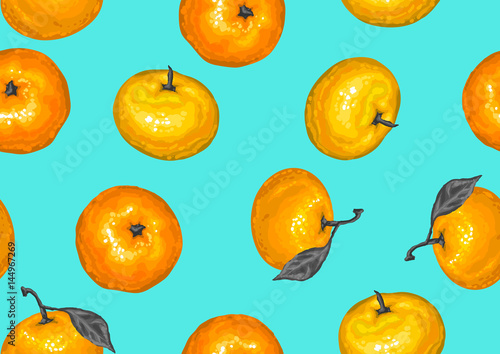 Seamless pattern with mandarins. Tropical fruits and leaves