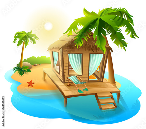 Beach vacation. Thatched hut bungalow on tropical island