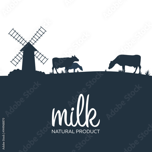 Milk natural product. Rural landscape with mill and cows. Dawn in the village.