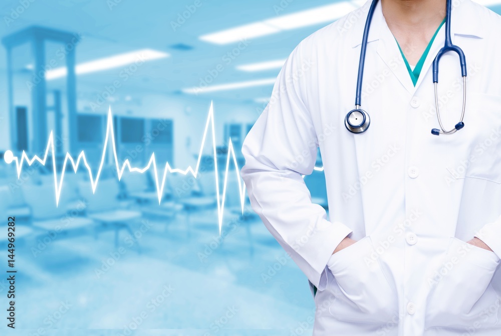 smart doctor with a stethoscope around his neck on blurred of hospital  background with heartbeat line, color tone effect, concept of healthcare  and medical, copy space Stock Photo | Adobe Stock