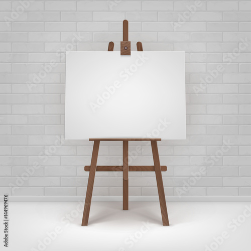 Vector Wooden Brown Easel with Mock Up Empty Blank Horizontal Canvas Standing on Floor in front of Brick Wall