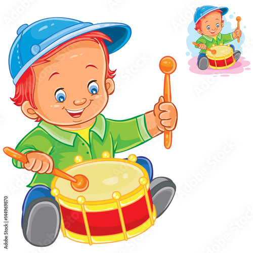 Vector illustration little boy beat the drum. Print