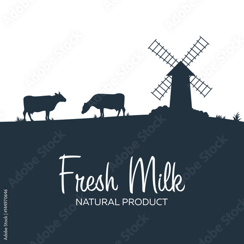 Milk natural product. Rural landscape with mill and cows. Dawn in the village.