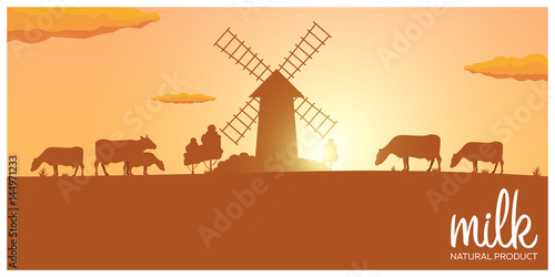 Milk natural product. Rural landscape with mill and cows. Dawn in the village.