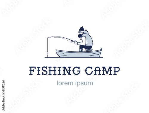 Vintage fishing emblem or logo. The fisherman is fishing. Hipster badge isolated on white background. Flat design.