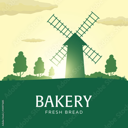 Rural landscape with windmill. Sunrise. Bakery. Fresh bread. Vector illustration.