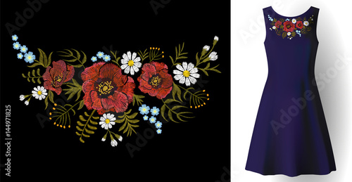 Embroidery field flower arrange necklace patch poppy daisy herbs. Fashion dress decoration woman stitch ornate realistic 3d mockup vector illustration