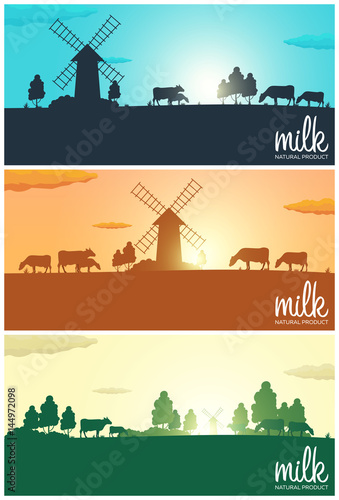 Set of Milk banners. Milk natural product. Rural landscape with mill and cows. Dawn in the village. Sunrise.