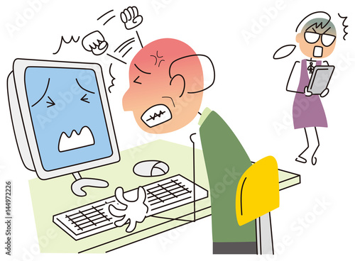 パソコンに八つ当たりするお年寄り