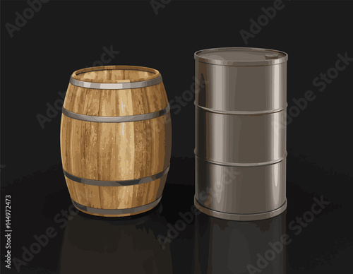wine barrel and steel drum. Image with clipping path