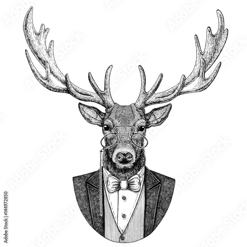 Naklejka na ścianę Deer Hipster zwierząt Ręcznie rysowane ilustracja na tatuaż, godło, znaczek, logo, naszywka, t-shirt