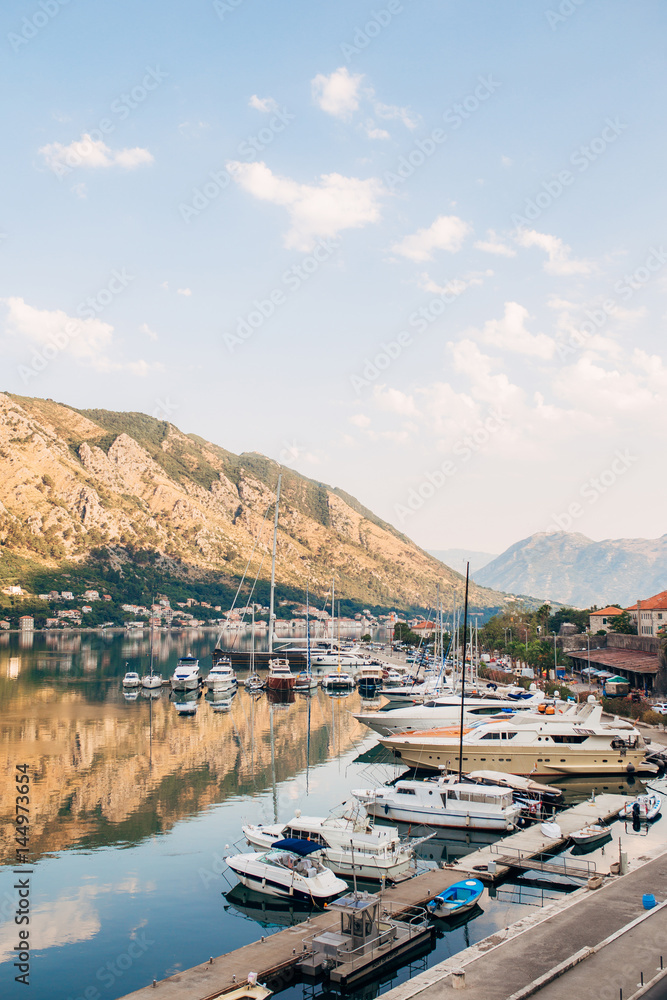 Sailboat mooored in the marina of Kotor village on Kotor Bay