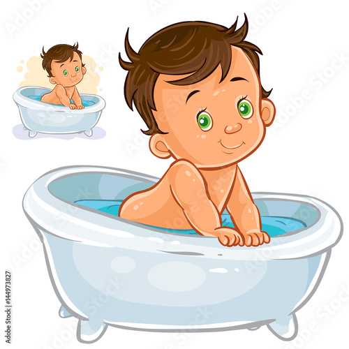 Vector illustration of small child take a bath isolated on white