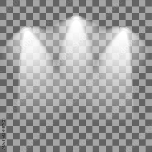 Scene illumination. Cold light effect. Stage illuminated spotlight on transparent background. Vector illustration.
