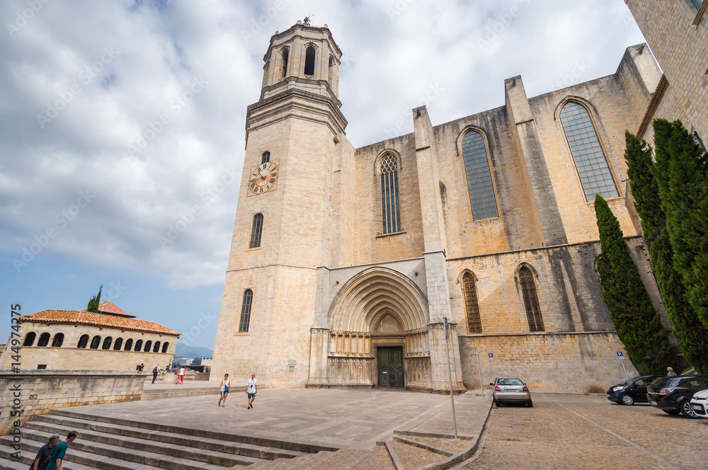 Cloudy view of Girona Cathedral in Catalonia, Girona, Catalonia, Spain.