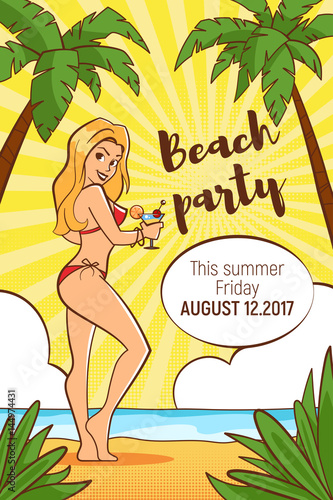 Vector hand drawn pop art template for Beach party flyer.